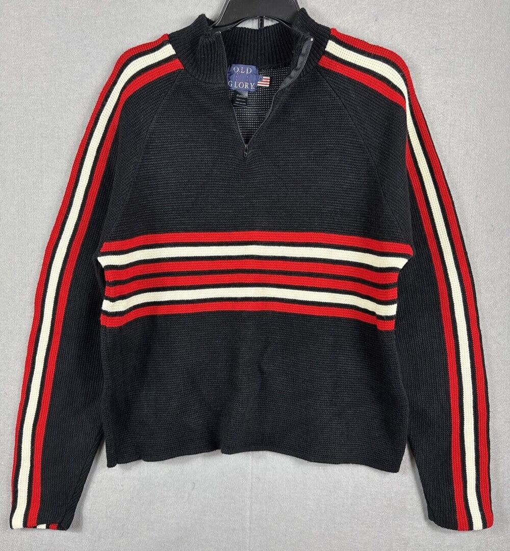Vintage Old Glory Sweater Men's XL Black Red & White 1/4 Zip Made in USA